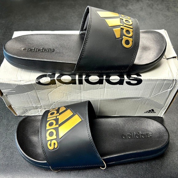 adidas Other - adidas Adilette Comfort Slides Mens 10 Womens 11 Black Gold Metallic GY1946 NEW